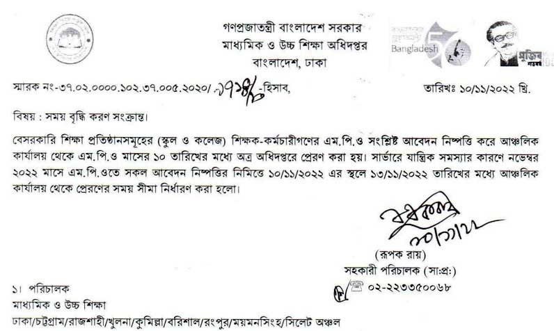 বেসরকারি শিক্ষকদের নভেম্বর ২০২২ এর এমপিও নিষ্পত্তির সময়সীমা বাড়লো