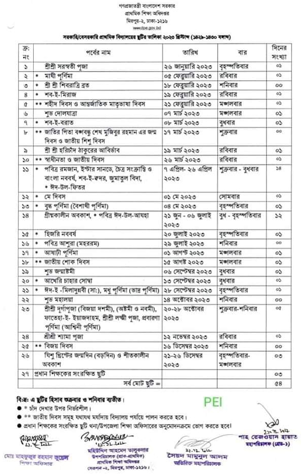 সরকারি প্রাথমিক বিদ্যালয় সমূহের ছুটির তালিকা
