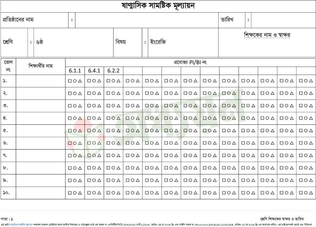 ষষ্ঠ শ্রেণি ইংরেজি ষাণ্মাসিক মূল্যায়ন ফলাফল রেজিষ্টার ও ট্রান্সক্রিপ্ট ২০২৩
