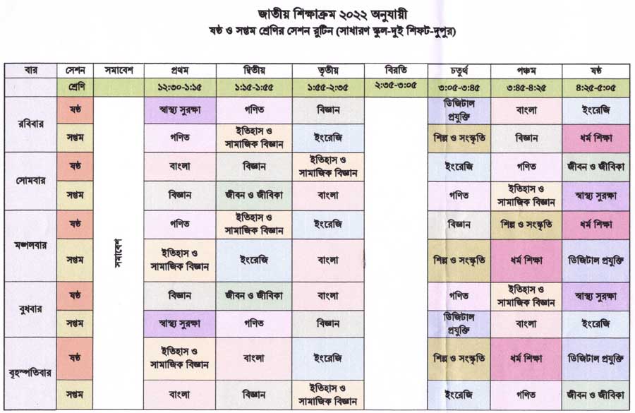 সাধারণ স্কুল - দুই শিফট - দুপুর (ষষ্ঠ ও সপ্তম শ্রেণির সেশন রুটিন)